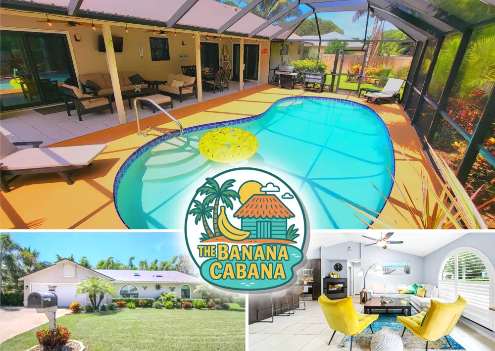 The Banana Cabana — screened pool patio, front of the house, and bright living room